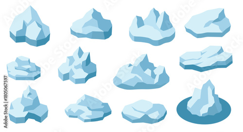Collection of various icebergs in flat style on white background