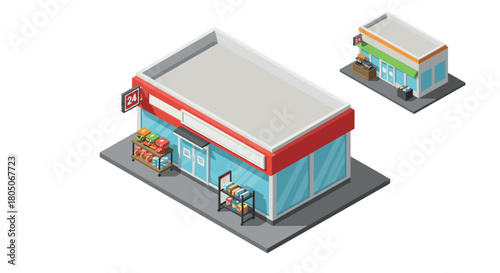 Isometric convenience store design with 24-hour service and modern architecture