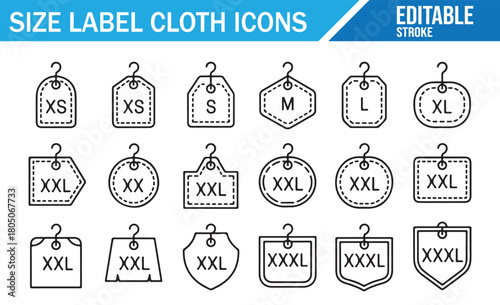 Fashion industry size label icons including textile badges and tags