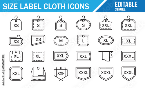 Apparel label icon pack featuring stitched patches and size indicators