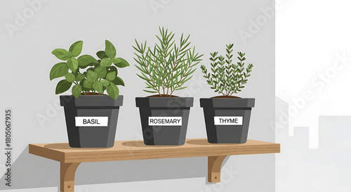 Herbs in Pots on a Shelf, Basil Rosemary and Thyme, Home Garden