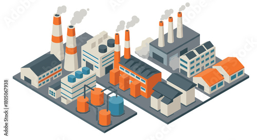 Isometric industrial facility with chimneys and buildings in urban setting