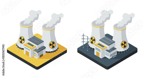 Isometric nuclear power plant with cooling towers and industrial buildings