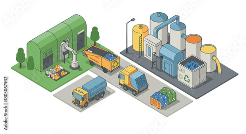 Eco-friendly waste management facility in isometric style with recycling trucks and sorting equipment