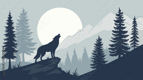 “Wolf howling at moon in alpine scene, moody vector”