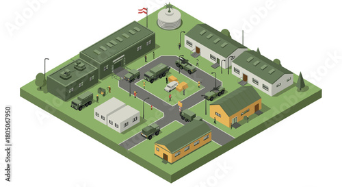 Military base isometric design featuring buildings and vehicles on a green landscape