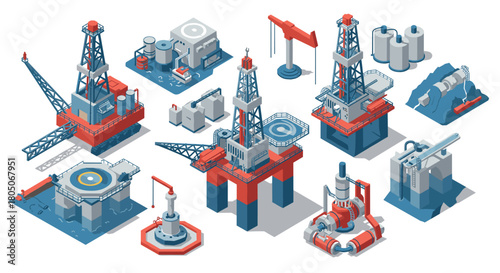 Isometric oil rig and equipment collection featuring detailed offshore platform designs