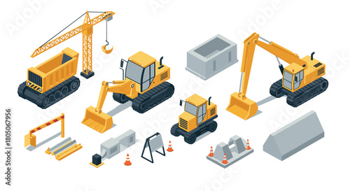 Isometric construction machinery set with crane, excavator, and loader in 3d style