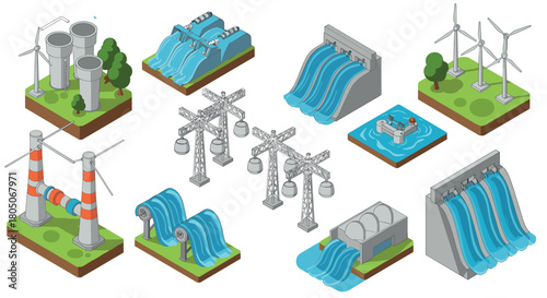 Isometric renewable energy and industrial infrastructure set