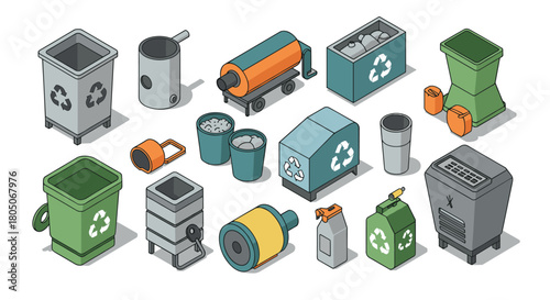 Isometric recycling bins and waste management equipment set