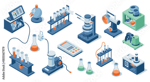 Isometric laboratory equipment set with flasks and microscopes