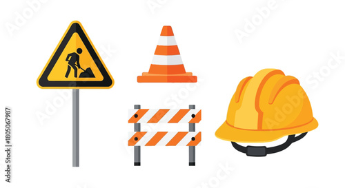 Construction zone safety equipment a warning sign cone barrier and helmet