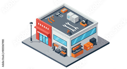 Isometric garage workshop with tools on roof and orange accents