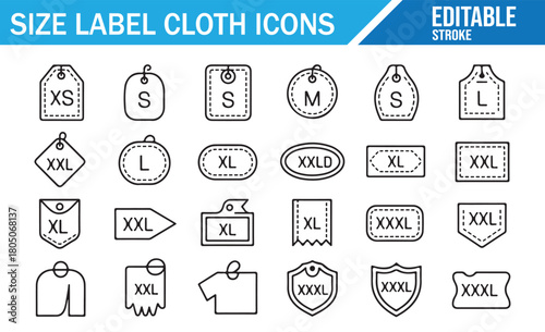 Vector icons of garment size tags including XS to XXXL labels