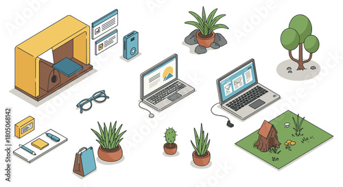 Isometric home workspace with plants and office elements