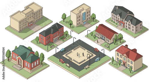 Charming isometric town set with various buildings and park scene