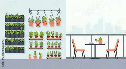 Urban Gardening Balcony with Plants and Cityscape View Illustration