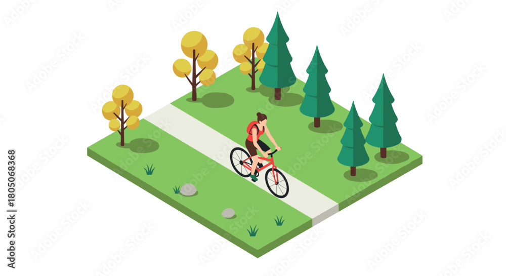 Naklejka premium Isometric cyclist riding through forest on sunny day