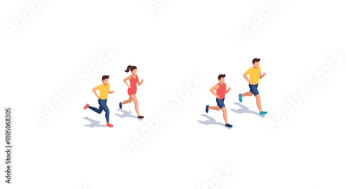 Isometric joggers running duo in athletic gear on white background