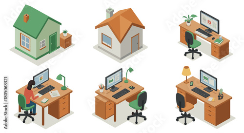 Cozy home and modern office setup in isometric design