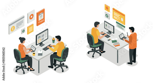 Isometric office workers at desks engaged in team collaboration and digital productivity