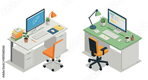 Modern isometric office desks with computers and accessories in a clean workspace