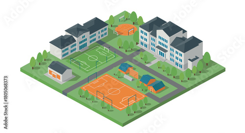 Modern isometric school campus with sports facilities and green areas