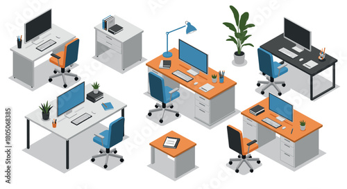 Isometric office desk setup with computers and chairs