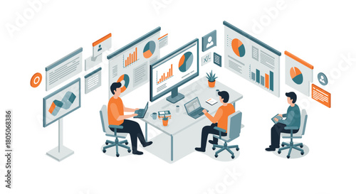Collaborative business team in modern office analyzing data with laptops and charts in isometric style