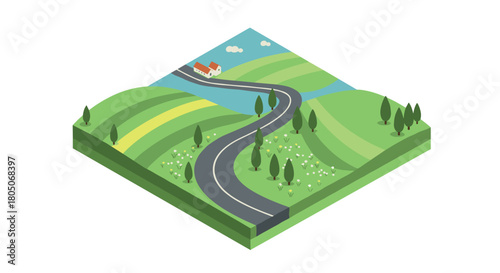 Isometric countryside road with rolling hills and trees