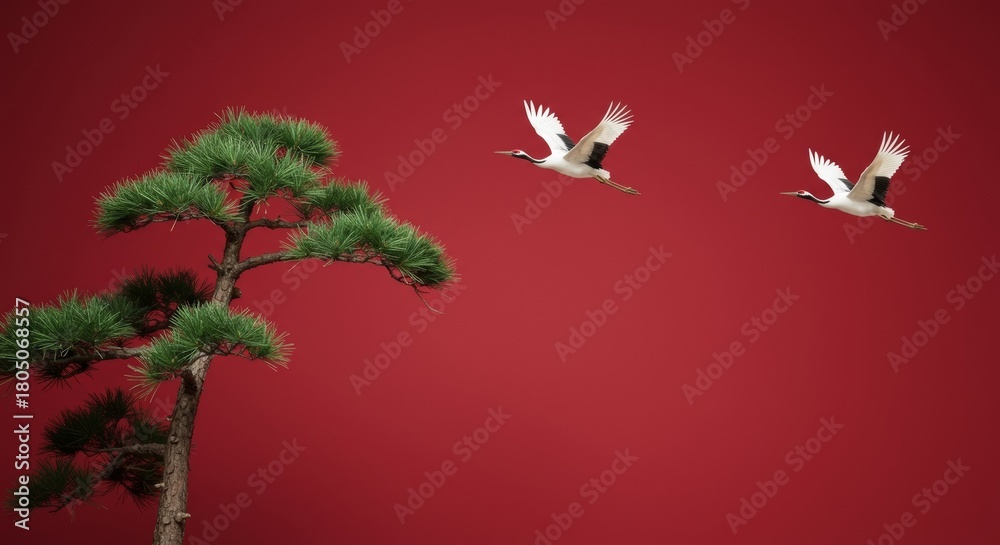 Naklejka premium Two elegant red-crowned cranes soaring past a traditional bonsai pine tree against a vibrant red backdrop