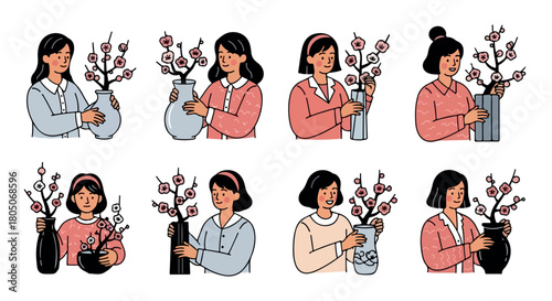 Women holding flower vases in various styles