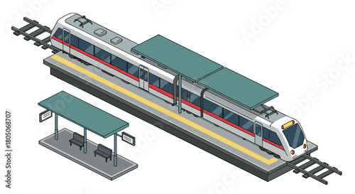 Modern isometric train station platform with detailed passenger train and sheltered waiting area