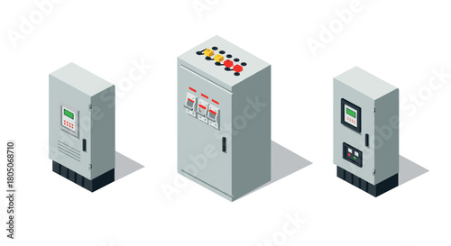 Isometric electrical control panels with switches and buttons on white background