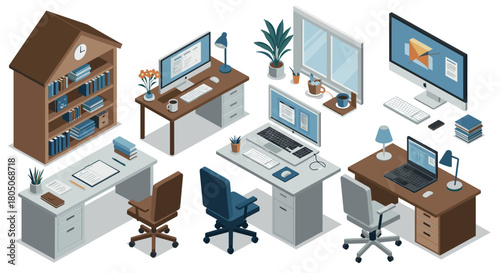 Isometric office workspace setup with desks and computers