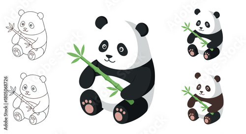 Cute panda holding bamboo in various styles including outline and 3d
