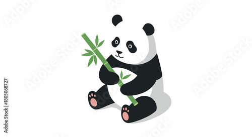 Cute panda holding bamboo in isometric style