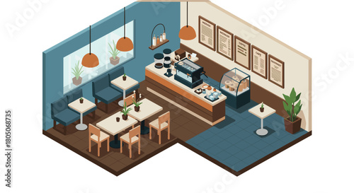 Cozy isometric coffee shop interior with tables and counter in modern design