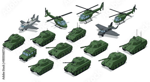 Isometric military vehicles collection featuring tanks, helicopters, and planes on white background