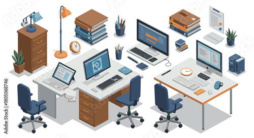 Modern office workspace with desk computers and accessories in isometric view