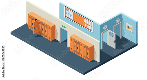 Isometric school hallway with lockers and notice board