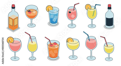 Variety of colorful cocktail drinks in modern isometric style with citrus garnish