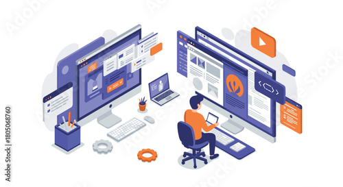 Developer in modern office with dual monitors and digital interfaces in isometric style