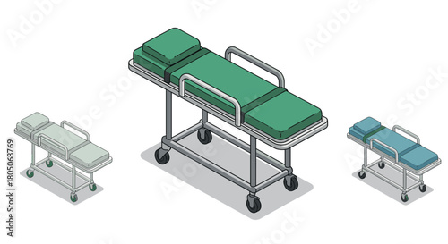 Isometric hospital stretchers in three sizes with green padding and metal frames