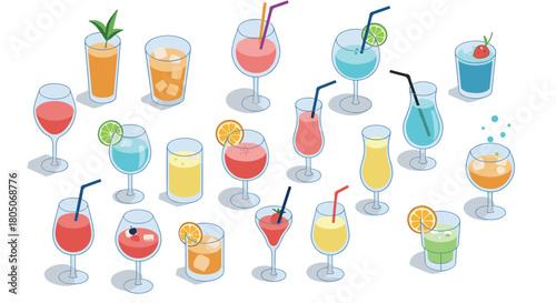 Assorted colorful cocktails in isometric style with garnishes and straws