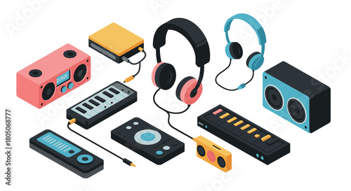 Colorful isometric audio equipment collection for music lovers