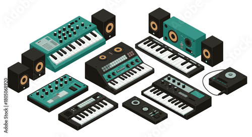 Isometric music equipment set featuring synthesizers and speakers for creative audio projects