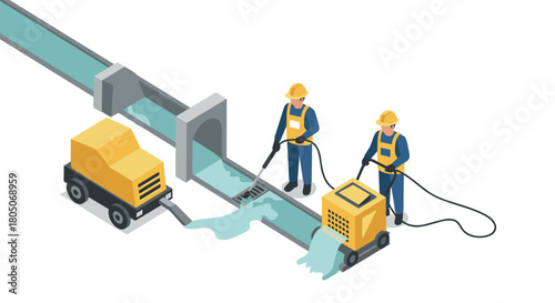 Workers cleaning water pipelines using high pressure machines in isometric style