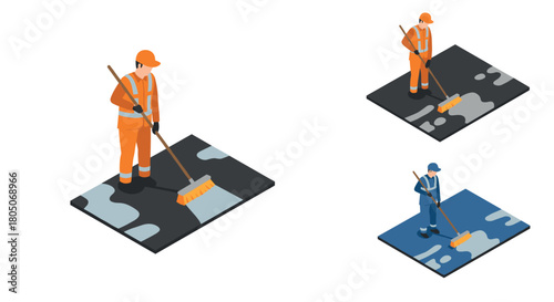Isometric workers cleaning pavement with brooms in safety gear