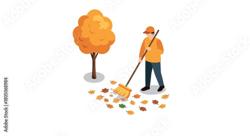 Autumn cleanup: man raking leaves next to a tree in isometric style